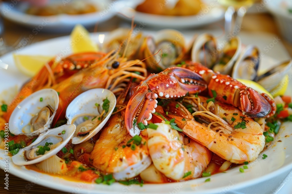 Steaming hot seafood platter featuring shrimp, clams, mussels, and a lobster claw, garnished with lemon and fresh herbs Steaming hot seafood platter featuring shrimp, clams, mussels, and a lobster claw, garnished with lemon and fresh herbs