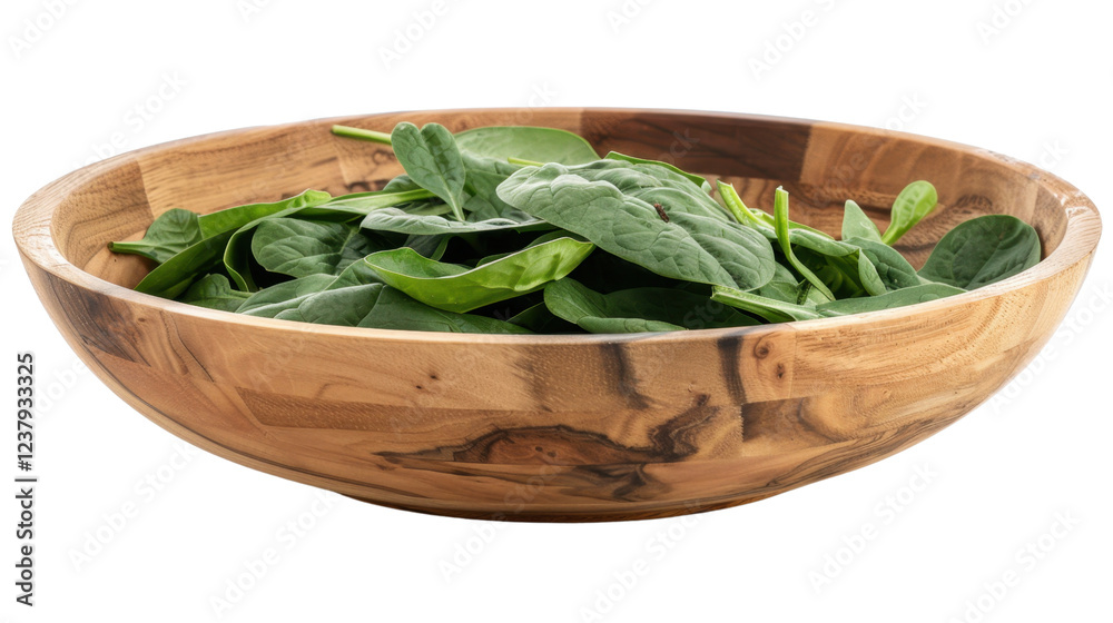 Fresh spinach leaves filling a wooden bowl on transparent background Fresh spinach leaves filling a wooden bowl on transparent background