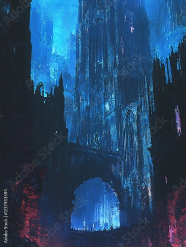 Gothic Cathedral at Night, Digital Painting, Dark Fantasy Scene, Moody Blues and Reds, Vertical Composition, Architectural Detail, Gloomy Atmosphere