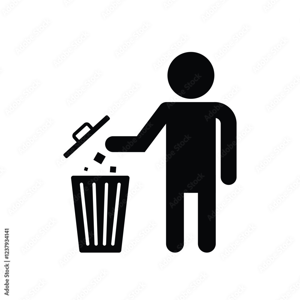 Man throws trash vector solid icon design on white background. Rubbish Bin, Garbage, Recycling, Keep Clean Sign. Man throws trash vector solid icon design on white background. Rubbish Bin, Garbage, Recycling, Keep Clean Sign.