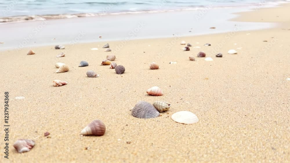 Seashells scattered on sandy beach, ocean waves background; summer vacation Seashells scattered on sandy beach, ocean waves background; summer vacation