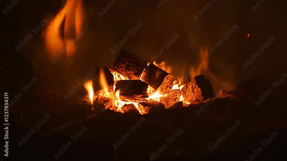 Mesmerizing campfire burning logs: intensifying flames and glowing embers Mesmerizing campfire burning logs: intensifying flames and glowing embers