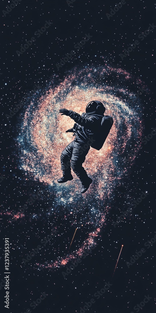 Obraz premium Floating in Space, Detailed Graphic Style with Galaxy Backdrop, Muted Colors, Vertical Composition, Solitude and Mystery