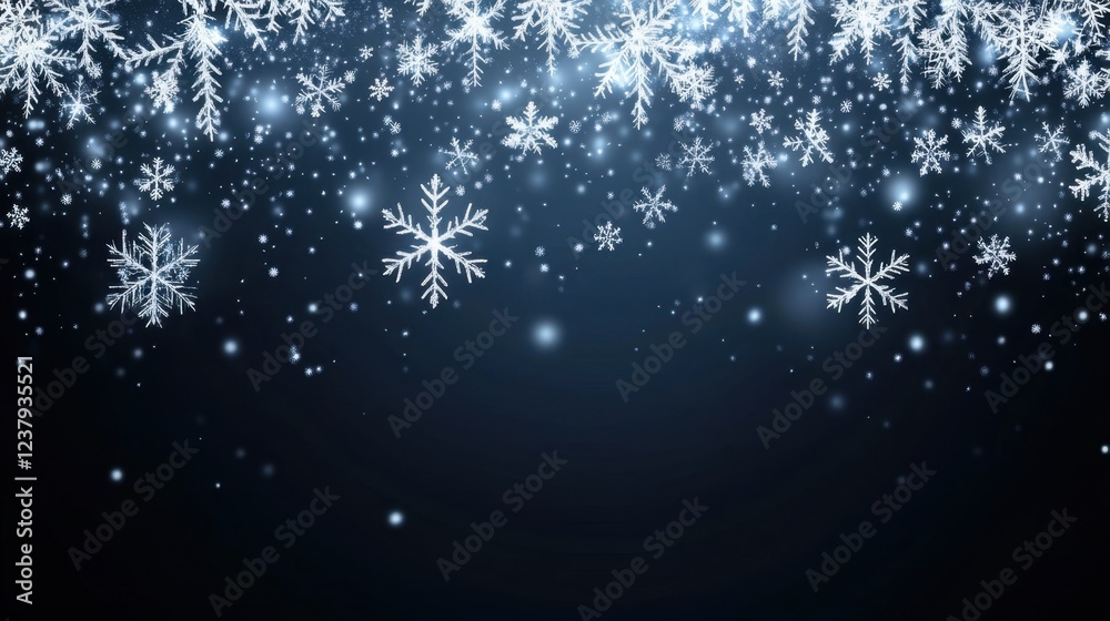 Winter wonderland snowflakes falling in a dark sky nature scene magical atmosphere