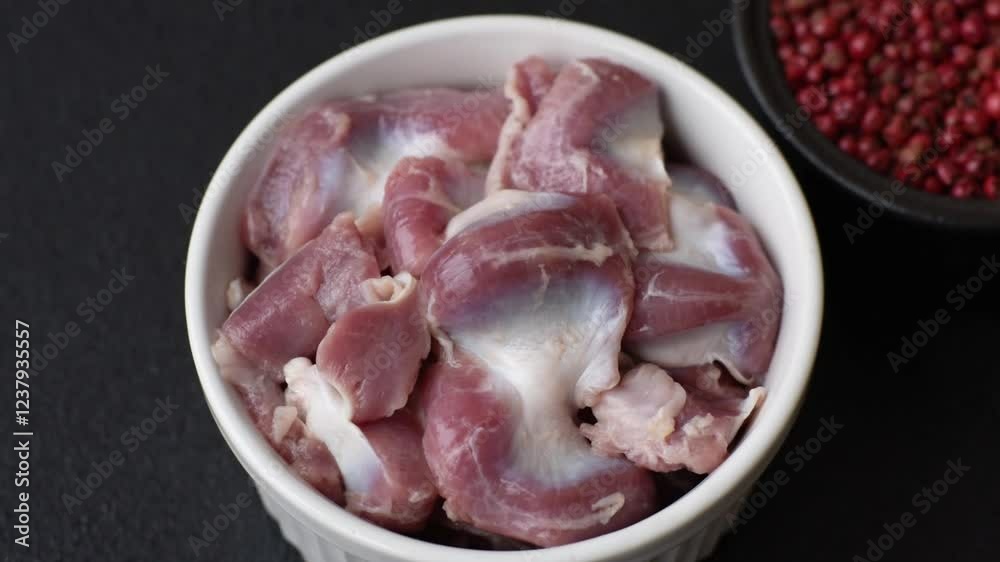 Raw chicken or turkey gizzards with salt, spices and herbs on a textured concrete background Raw chicken or turkey gizzards with salt, spices and herbs on a textured concrete background