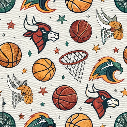 Seamless Pattern Basketball Bull Eagle Mascots Retro Sport Design Vintage Texture Background