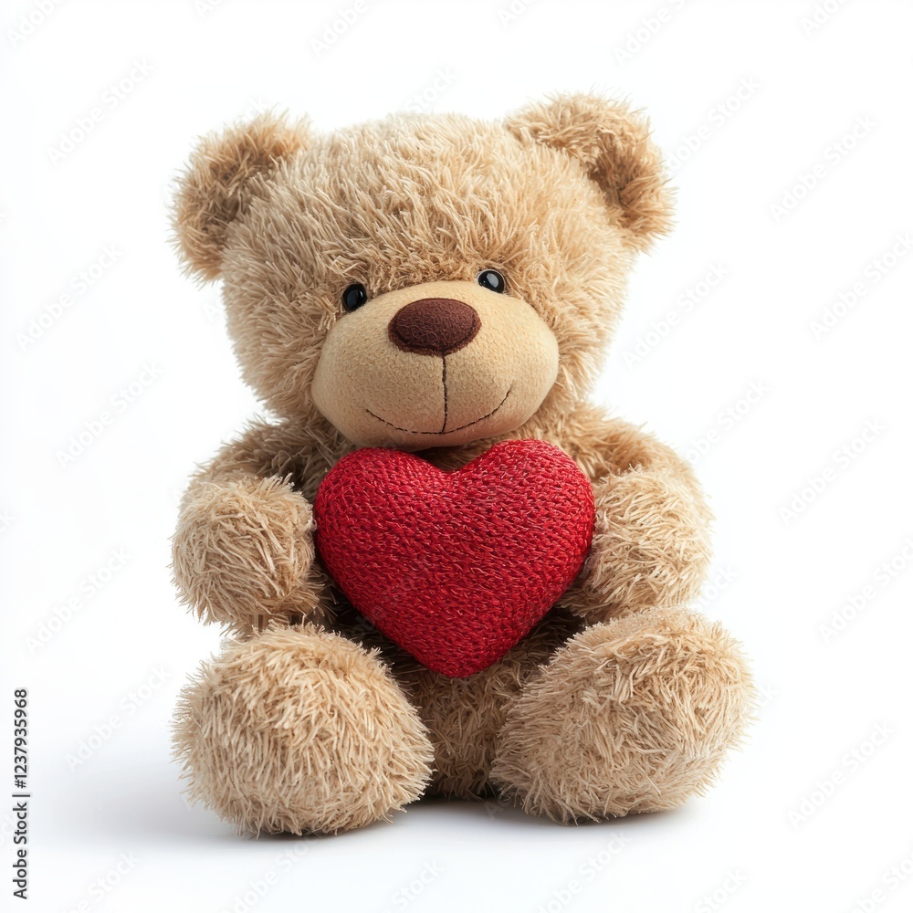 Fototapeta premium A teddy bear holding a small red heart, isolated on white background for Saint Valentines Day