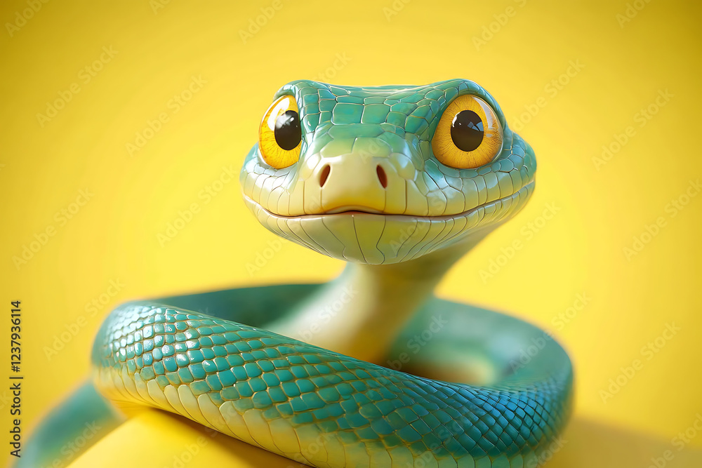 Fototapeta premium snake on a yellow background, snake on a blank yellow background, a snake, snake, cute snake, yellow background, copy space for add text, 3d rendering, 3d, vector, AI generative