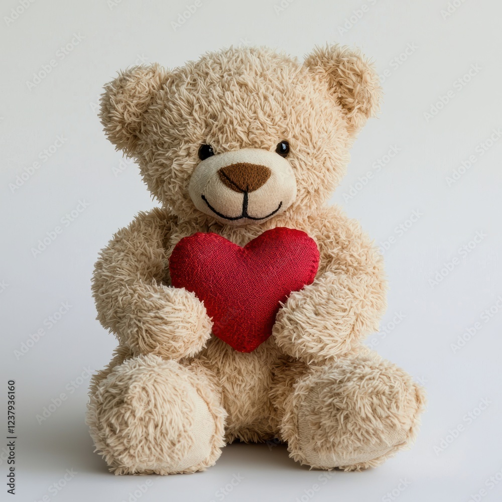 Obraz premium A teddy bear holding a small red heart, sitting on a white background for Saint Valentines Day