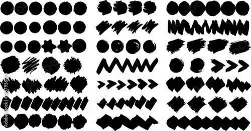 Brush line shape background abstract texture paint set. Hand drawn sketch doodle scribble brush geometric shape crayon effect background. Abstract arrow, circle, zigzag vector illustration