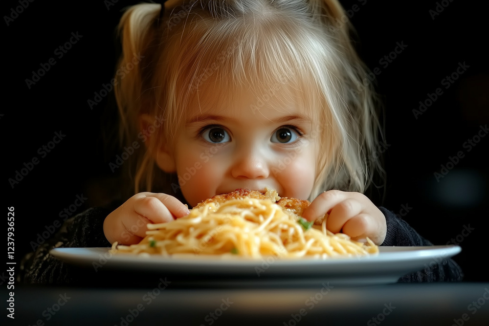 A lovely 2-year-old girl with pigtails, happily eating and smiling, enjoying her food with her hands in a joyful, playful moment.