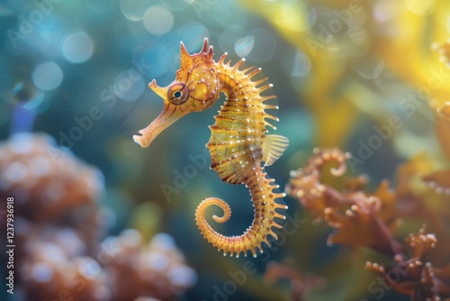 Beautiful seahorse swimming underwater in blue and yellow tropical aquarium photo