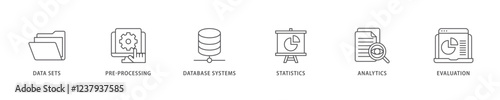 Data mining icon set flow process which consists of data sets, pre-processing, database systems, statistics, analytics and evaluation icon live stroke and easy to edit .