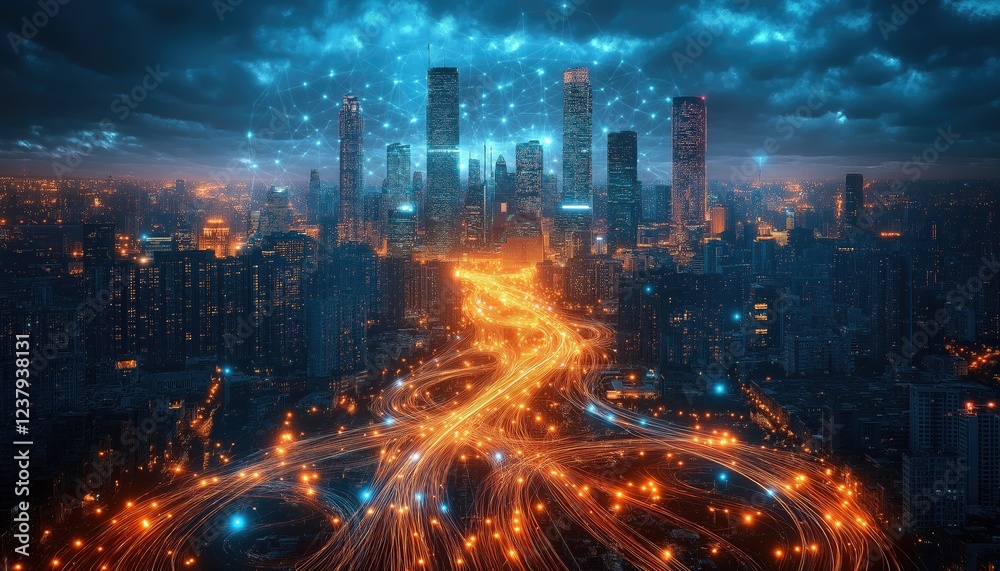 Fototapeta premium Online Service Data Streams Flowing Through Futuristic City Network at Night