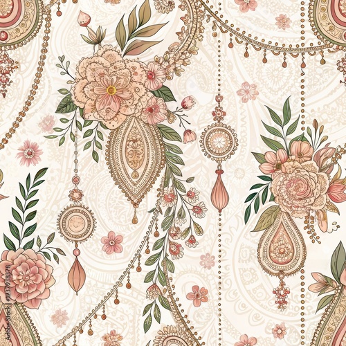 Elegant Floral Paisley Pattern Seamless Design with Ornate Jewelry and Peach Blossoms