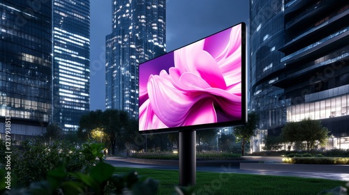 Vibrant pink abstract on digital billboard in modern urban nightscape