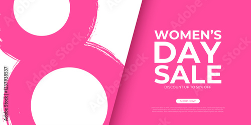 Women's Day Sale commercial banner for International Women's Day holiday shopping promotion. Number 8 brush stroke design. Vector illustration.