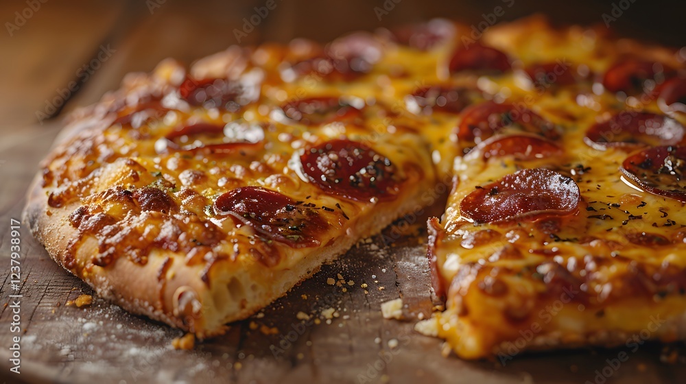 Freshly Baked Pepperoni Pizza with Melty Cheese, Close-Up on Crispy Crust and Toppings Freshly Baked Pepperoni Pizza with Melty Cheese, Close-Up on Crispy Crust and Toppings