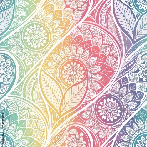 Seamless Pastel Rainbow Mandala Pattern Ornate Floral Design Ethnic Boho Textile Background