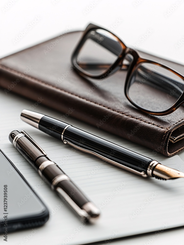 Fototapeta premium Leather-Bound Notebook, Fountain Pens, Eyeglasses, and Smartphone on Bright White Background - Business & Luxury Lifestyle