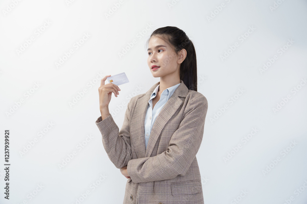 Portrait of Asian businesswoman standing showing credit card in white studio.background Portrait of Asian businesswoman standing showing credit card in white studio.background