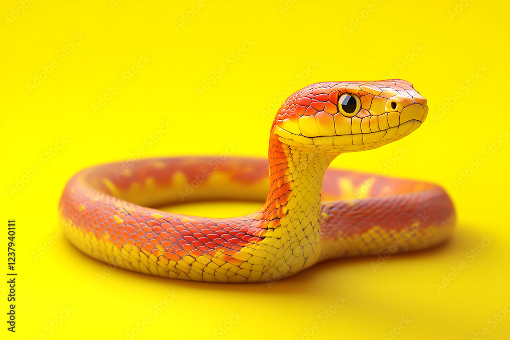 Fototapeta premium snake on a yellow background, snake on a blank yellow background, a snake, snake, cute snake, yellow background, copy space for add text, 3d rendering, 3d, vector, AI generative