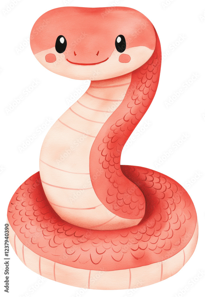Fototapeta premium Cute red snake in a cheerful cartoon style illustration for kids isolated on transparent background.