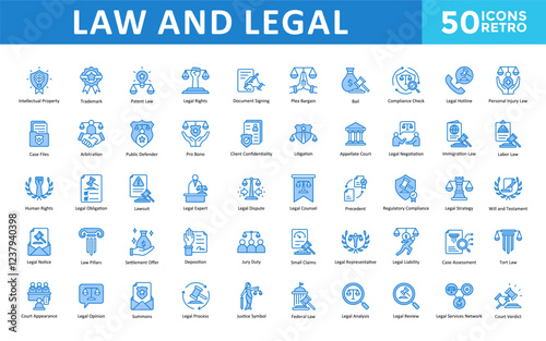Law and Legal icons set with intellectual property, trademark, patent law, legal rights, document signing, plea bargain, bail, compliance check, legal hotline icon. Simple retro vector 
