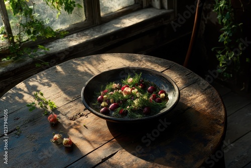 Vibrant Beetroot Soup on Farmhouse Table photo