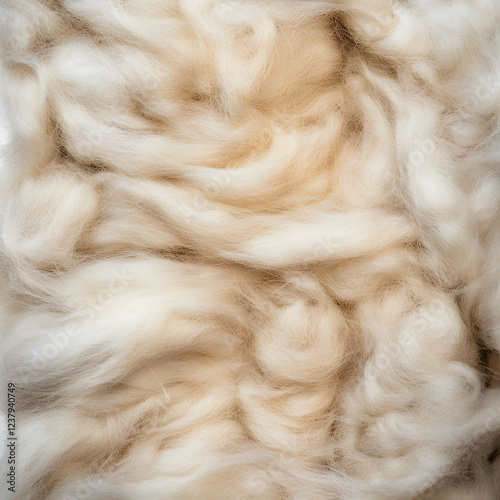 Close-up of soft, fluffy, off-white wool fibers, showcasing a natural and textured surface. photo
