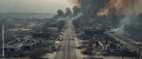 Aerial View of Devastated Neighborhood in Ashes and Charred Remnants After a Fire Disaster.