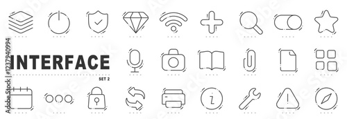 Set of basic interface related line icon. Calendar, search, star etc. Editable stroke. Set 2