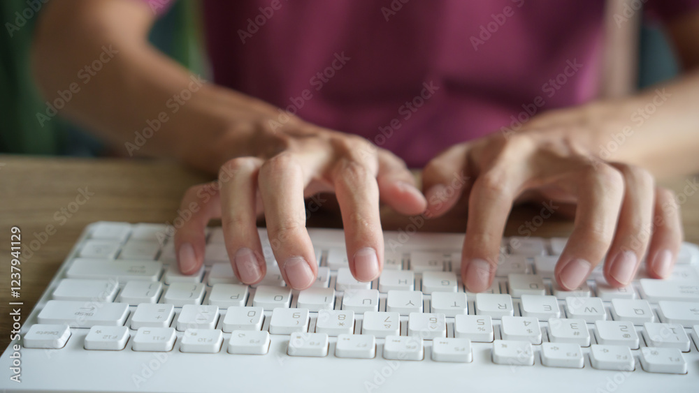 Hands man typing on white keyboard. Hands man typing on white keyboard.
