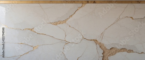 A cracked and chipped marble wall with a gold border. photo