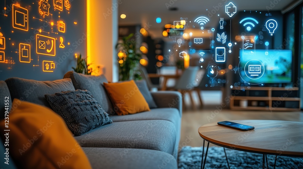 Cozy modern living room with digital icons representing smart home technology and connectivity, showcasing comfort, relaxation, and innovation in interior design. Cozy modern living room with digital icons representing smart home technology and connectivity, showcasing comfort, relaxation, and innovation in interior design.