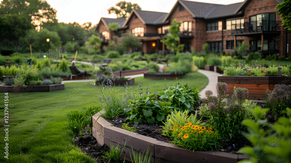 Serene garden with raised beds, flowers, and greenery in a residential area. Person relaxing in the background. Serene garden with raised beds, flowers, and greenery in a residential area. Person relaxing in the background.