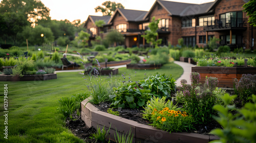 Serene garden with raised beds, flowers, and greenery in a residential area. Person relaxing in the background.
