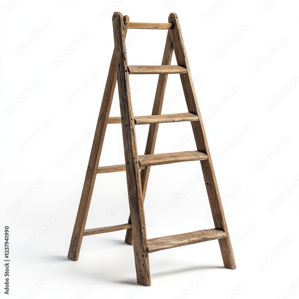 Rustic wooden stepladder, studio shot, white background, home decor Rustic wooden stepladder, studio shot, white background, home decor
