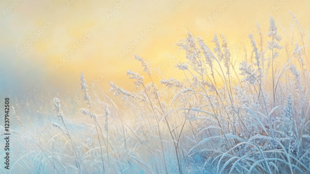 A soft, pastel-colored winter landscape with frosted grass and a warm golden sunrise in the background. The focus is on delicate frost-covered plants, A soft, pastel-colored winter landscape with frosted grass and a warm golden sunrise in the background. The focus is on delicate frost-covered plants,