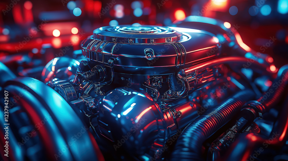 Fototapeta premium Futuristic car engine in neon blue and red light