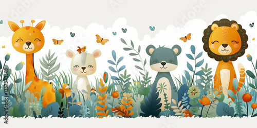 Fototapeta Naklejka Na Ścianę i Meble -  Cute animal, wall kids room background. Generated AI