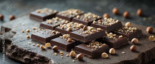 Dark Chocolate Squares Adorned With Crushed Hazelnuts on a Textured Surface photo