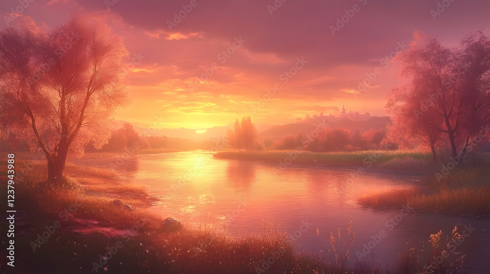 Obraz premium Serene sunset over river, misty landscape, peaceful nature scene, idyllic background