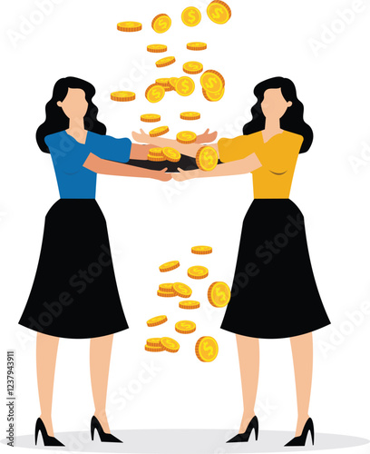 Successful partnership to make money, joint wealth, mutual funds, investing to make money or collect more wealth, two businesswomen arms embracing each other to catch falling banknotes