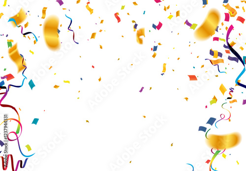 Gold confetti. Celebration carnival falling shiny glitter confetti in gold color. Luxury greeting card. Vector illustration