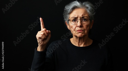 senior woman with finger up disapproving expression