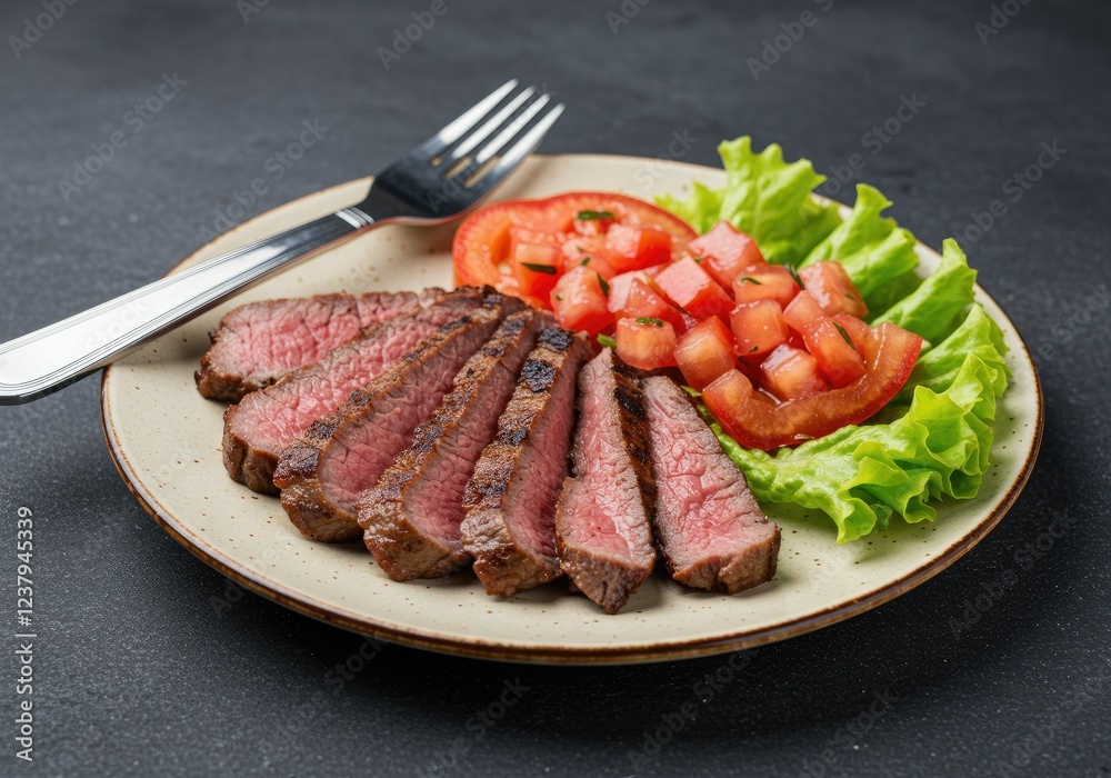 sliced picanha with tomato salad and lettuce sliced picanha with tomato salad and lettuce