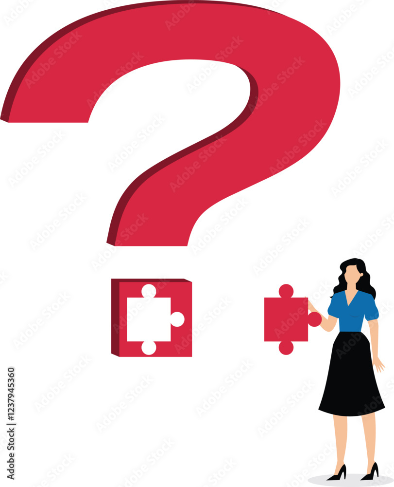 Solving problems or doubts and completing the final piece of the puzzle, the businesswoman completes the last piece of the puzzle of the question mark Solving problems or doubts and completing the final piece of the puzzle, the businesswoman completes the last piece of the puzzle of the question mark