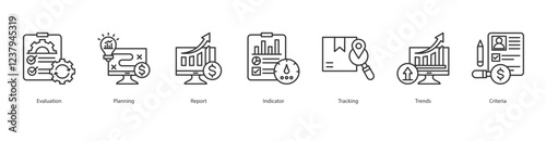 Retention Icon Sheet Planning, Evaluation, Planning,  Report, Indicator, Tracking, Trends, Criteria