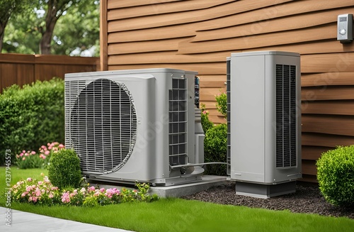 Outdoor Air Conditioning Unit in a Beautiful Residential Garden